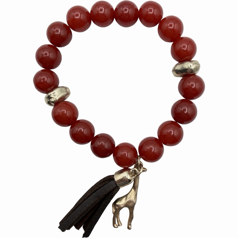 Chicos Red Glass Bead Stretch Bracelet Giraffe Charm Leather Tassel