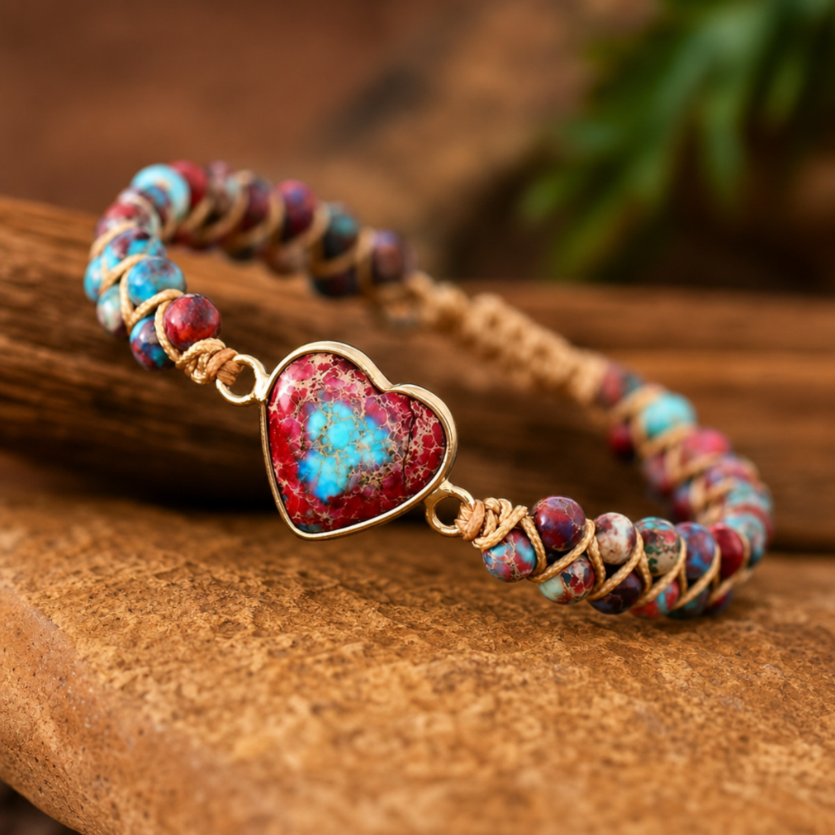 Boho Heart Bracelet Imperial Jasper Beaded Handmade Adjustable Womens Gift Her gallery