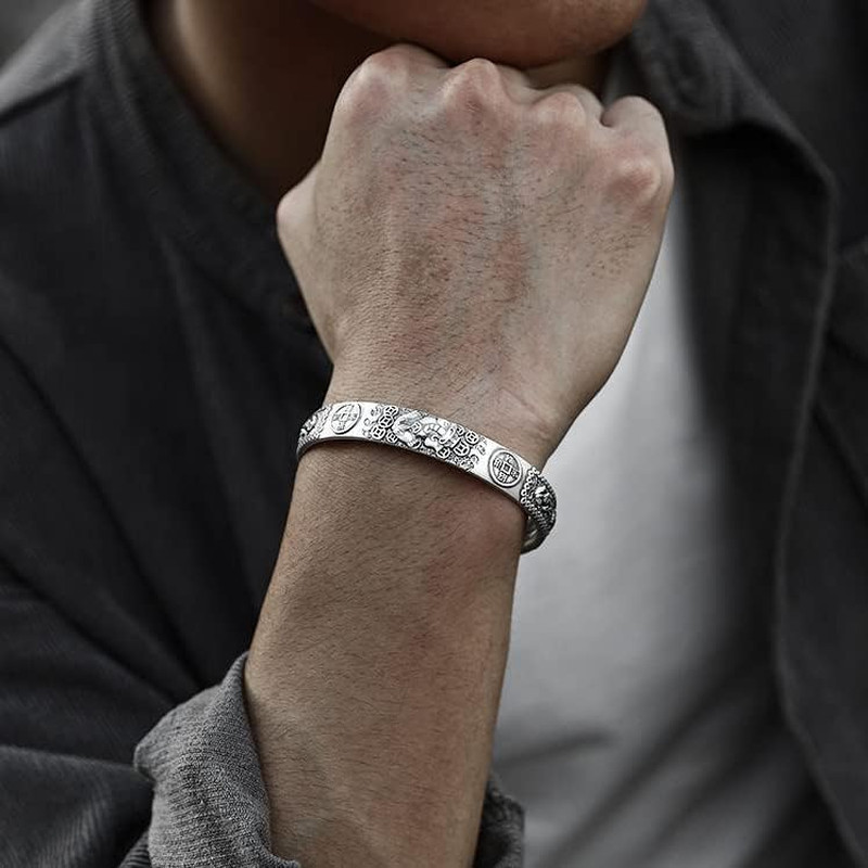999 Sterling Silver Feng Shui Pixiu Bracelet, Adjustable Pi Xiu Mantra Fortune P gallery