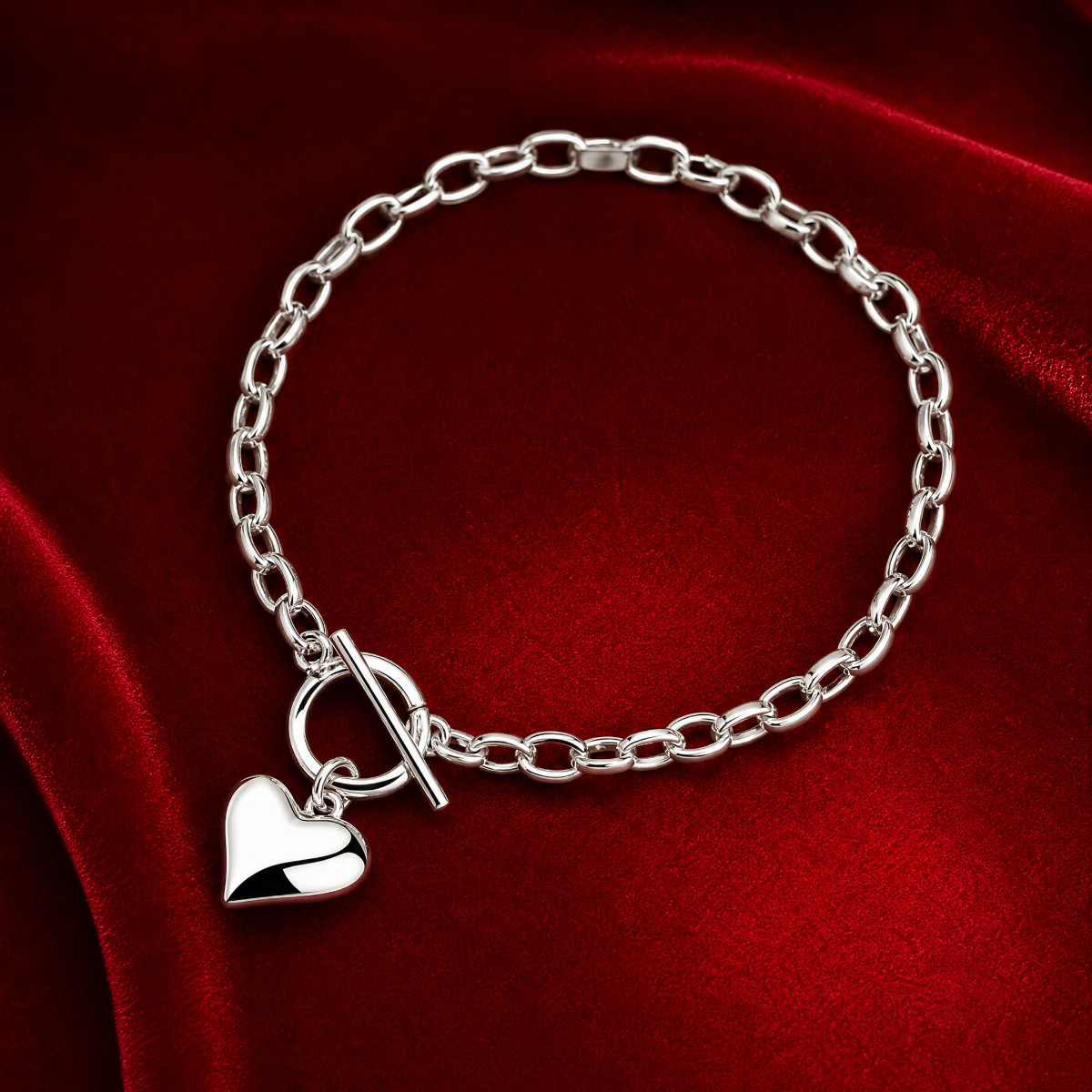 Heart Charm Bracelet 925 Sterling Silver Toggle T-Bar Womens Girls Love Gift Her gallery