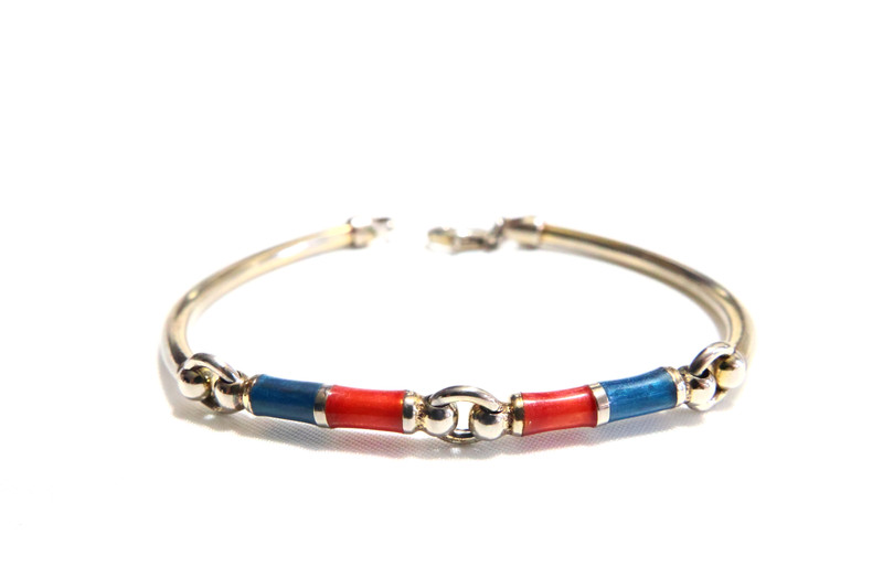 Italy 925 Curved Bar Red Blue Enamel Bar Link BRACELET - 7.8 grams gallery