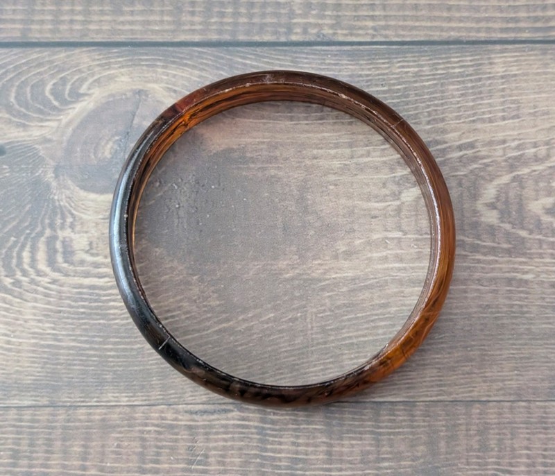 1960's Vintage Amber Tortoise Shell Lucite bangle bracelet stamped Hong Kong gallery