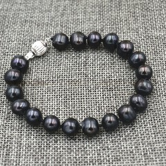 Natural 9-10mm Akoya Black Cultured Real Pearl Bracelet Bangle 7.5” AAA