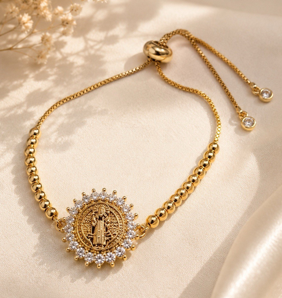St Benedict Bracelet Religious Medallion Gold Plated Beaded Adjustable