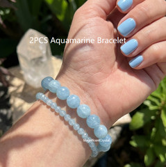 2PCS Genuine Aquamarine Crystal Bracelet Healing Stackable Stretch Stone Jewelry