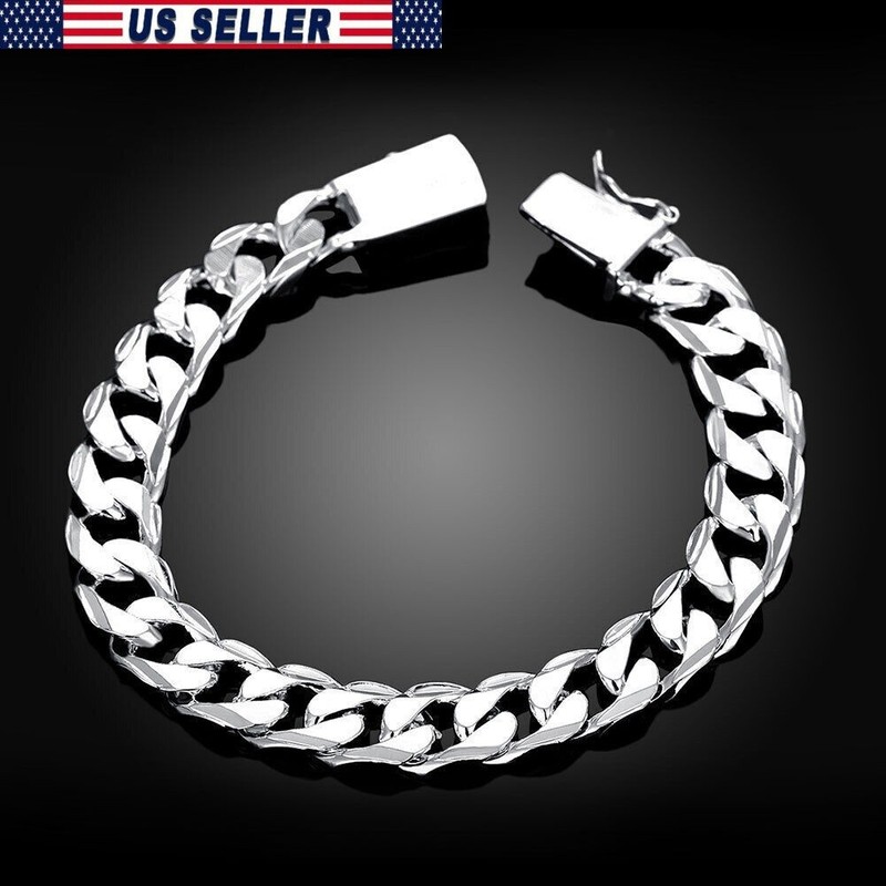 Silver Bracelet for Men Jewelry Heavy Thick Cuban Link Chain Bangle Best Gift US gallery
