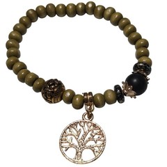 Tree Of Life Beaded Bracelet With Gold Accents & Black Beads Stretch Fit Lightwe