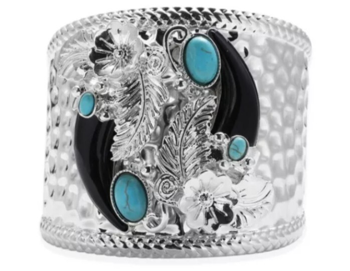 Howlite Flower and Leaf Cuff Bangle (Size 7) in Silver Tone
