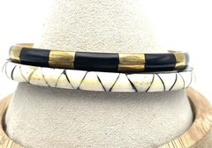 Bangle Bracelet Lot Of 2 Black Gold Cream Brass Shell Inlay 8.25” Vintage