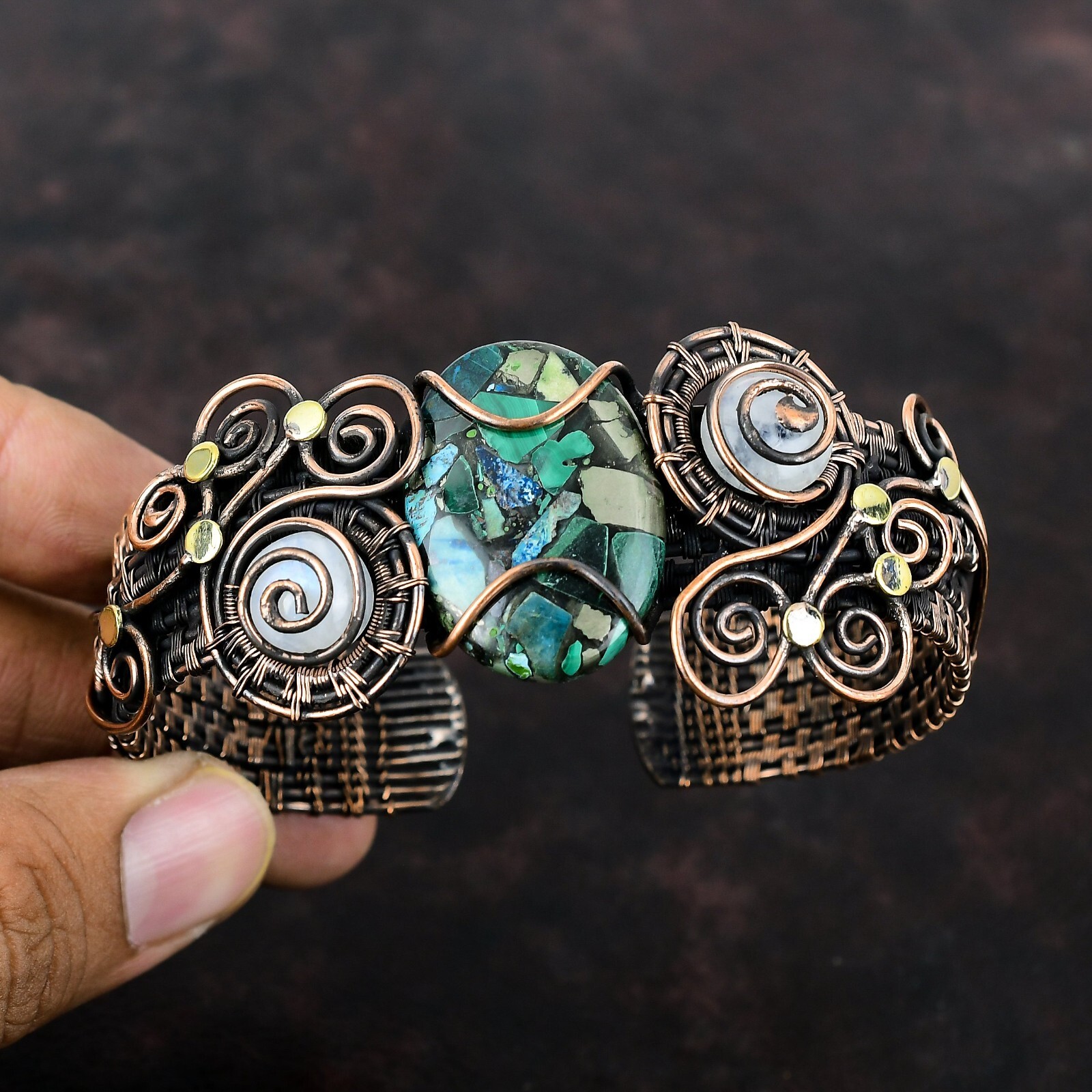 Copper Azurite Malachite Wire Wrapped Adjustable Cuff Handcrafted Copper Bangle gallery