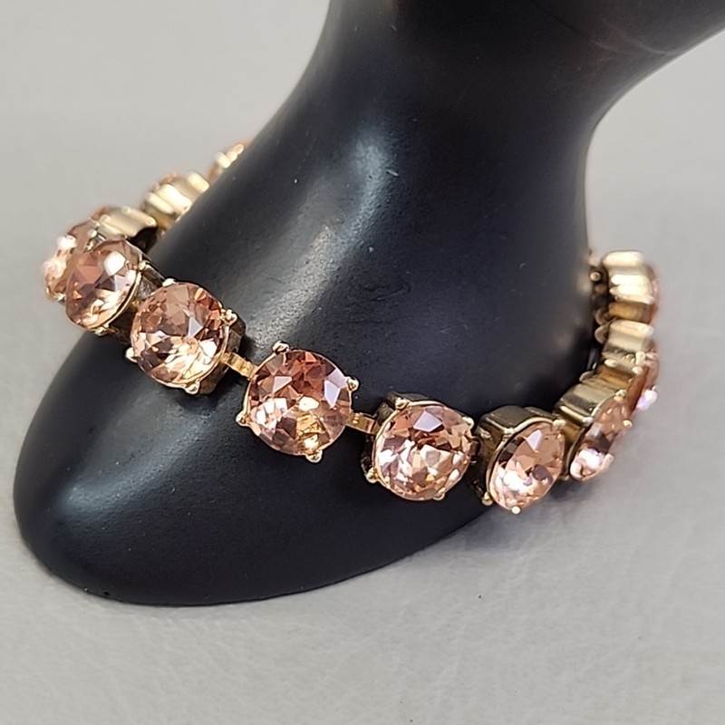 Rhinestone Bracelet Round Links Pink Peach Gold Tone 7" gallery