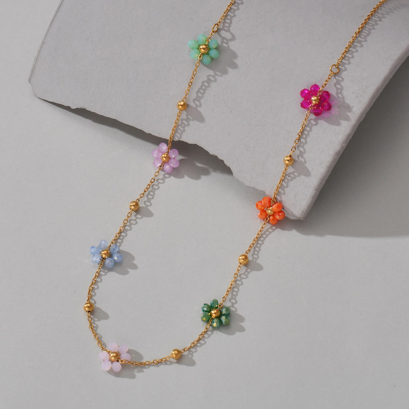 Colorful Artificial Crystal Flower Necklace Bracelet for Women Girl Stainless St gallery