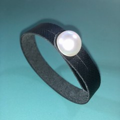 Saffiano Black Leather Bracelet With 15mm Faux Pearl. Water-resistant Finish.