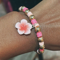 Pink Gold Beaded Charm Bracelet Dangle Flower Charm Round Beads