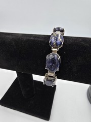 Natural Lapis Lazuli Cabochon Link Bracelet Silver Tone Adjustable Length