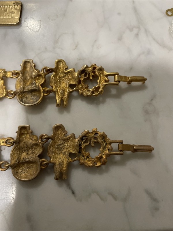 2 Vintage Gold Tone Christmas Clasp Bracelet AJC Santa Snowman Wreath Bells gallery
