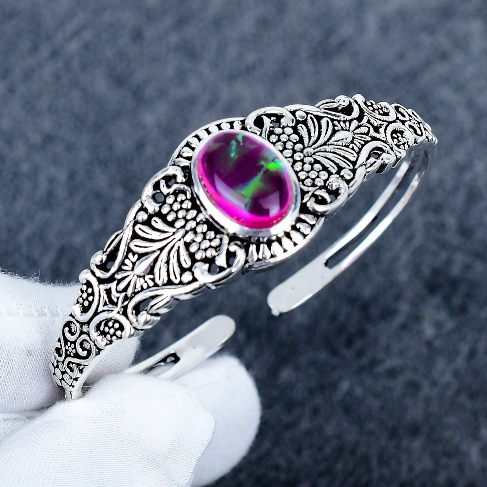 Pink Triplet Fire Opal 925 Sterling Silver Bangle: Adjustable Jewelry Cuff Gifts