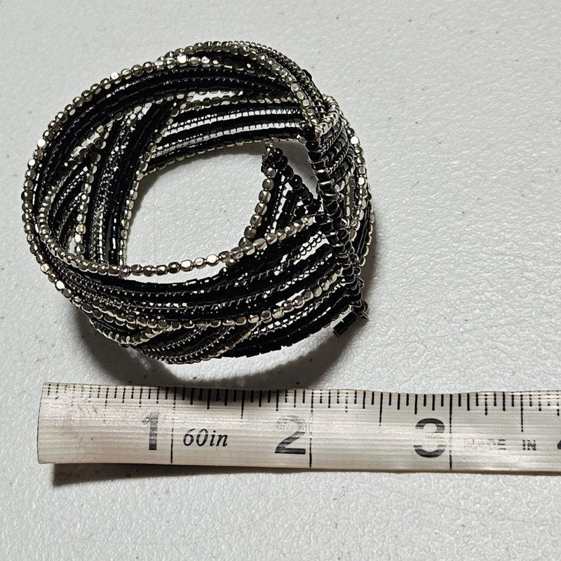 Elegant Silver Black Beaded Coil Cuff Bracelet Multi Layered Boho Chic Jewelry gallery