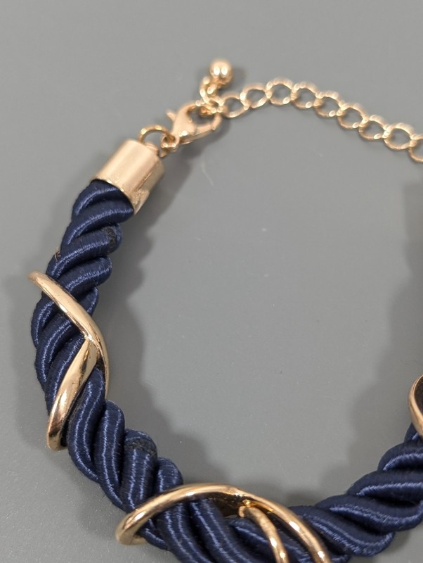 Nautical Coastal Blue Cord Gold Tone Anchor Pave Rhinestone Bracaelet 9 in gallery