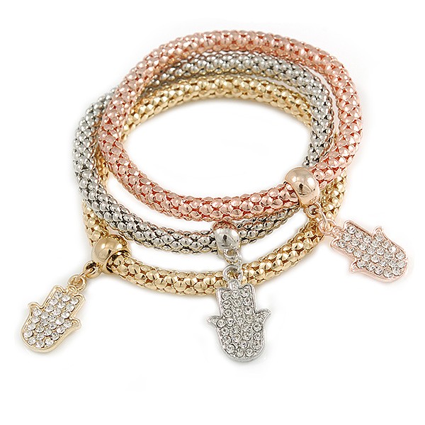 Set Of 3 Thick Mesh Flex Bracelets with Crystal Hamsa Hand Charm in Gold/ gallery