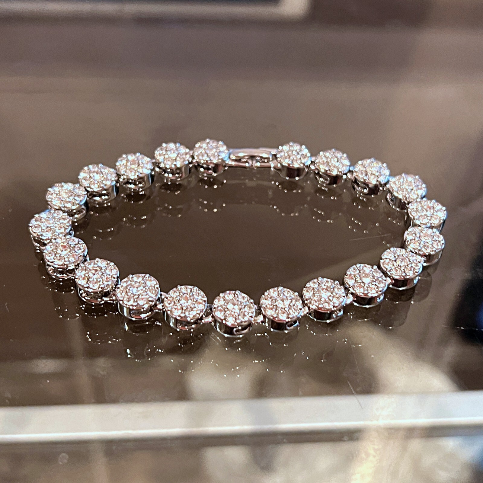 Men's Flower Cluster Hip Hop Bracelet Tennis Iced Simulated CZ Silver Tone 8" gallery