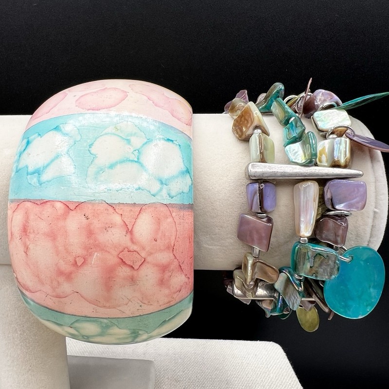 Vintage Chunky Wood Bangle Bracelet AB Shell Mosaic Pastel Boho Wide Statement gallery
