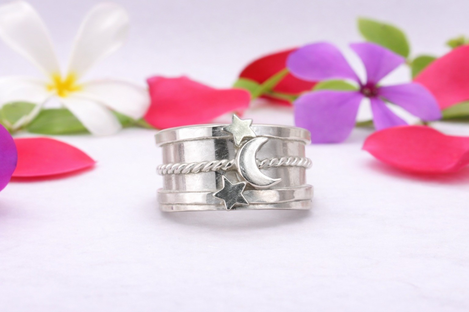 Sterling Silver Moon and Star Ring – Celestial Spinner Band – Wide Statement Rin gallery
