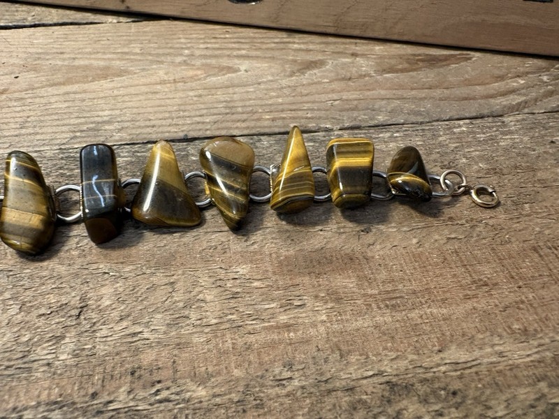 Vintage Tiger's Eye Nugget Link Bracelet Golden Brown Chatoyant Stone 7.5" Boho gallery