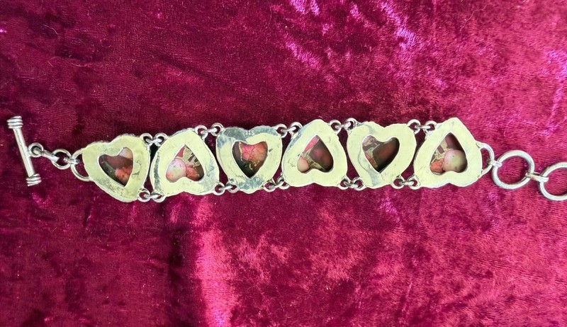 Silver Tone Heart Bracelet Red Rose Dahlia Inlay Adjustable Clasp 7-8 Inches gallery