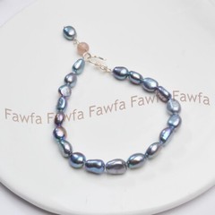 7-8/8-9mm Black White Freshwater Real Baroque Rice shaped Pearl Bracelet 7.5”