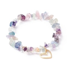 Natural Fluorite Chip Bracelet with Heart Charm Elegant Gemstone Stretch Jewelry