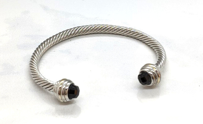 Solid Rope Twisted Silver Cuff Bracelet 25 grams 7” Black Gemstone gallery