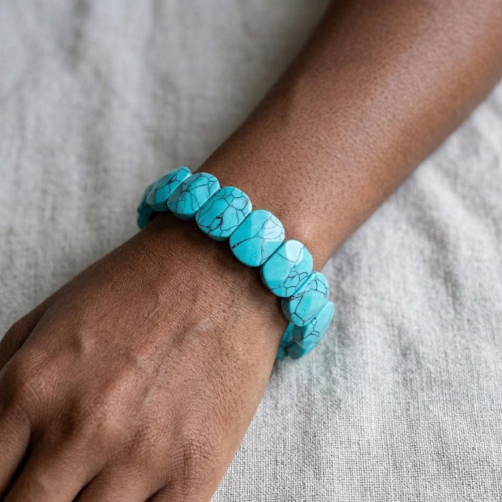 Turquoise Stretch Bracelet, Bright Blue Gemstone Beads with Matrix Veins