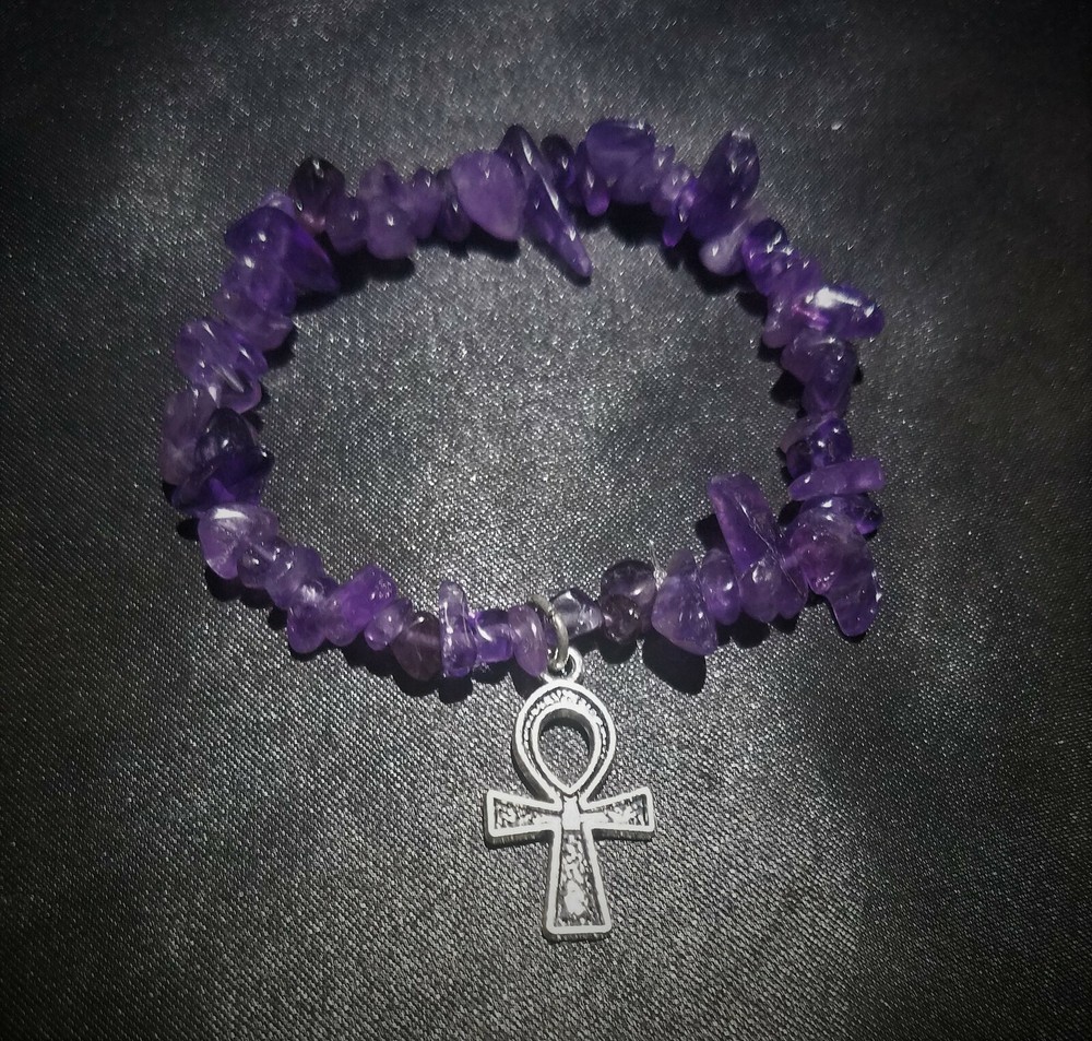 Super Charged Amethyst Chip Stretchy Bracelet & Silvertone ANKH, Magic, Reiki!