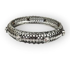 Rhinestone Bangle Bracelet Chunky Perforated Dark Silver Tone Curved ~9″ Around