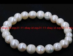 8-9mm Genuine Natural White Freshwater Round Pearl Stretchy Bangle Bracelet 7.5″