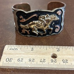 tri-color Western-style cuff bracelet featuring a detailed Jockey/racehorse