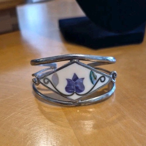Alpaca Mexico Floral Flower Stone Inlay Silver tone Cuff Bangle Bracelet ~Vtg