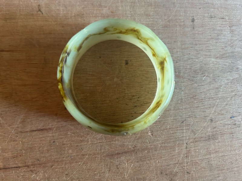Faux Jade Plastic Bracelet Lot 2 Different 5/8 + 1-3/8 Green w/Brass Tone Accent gallery