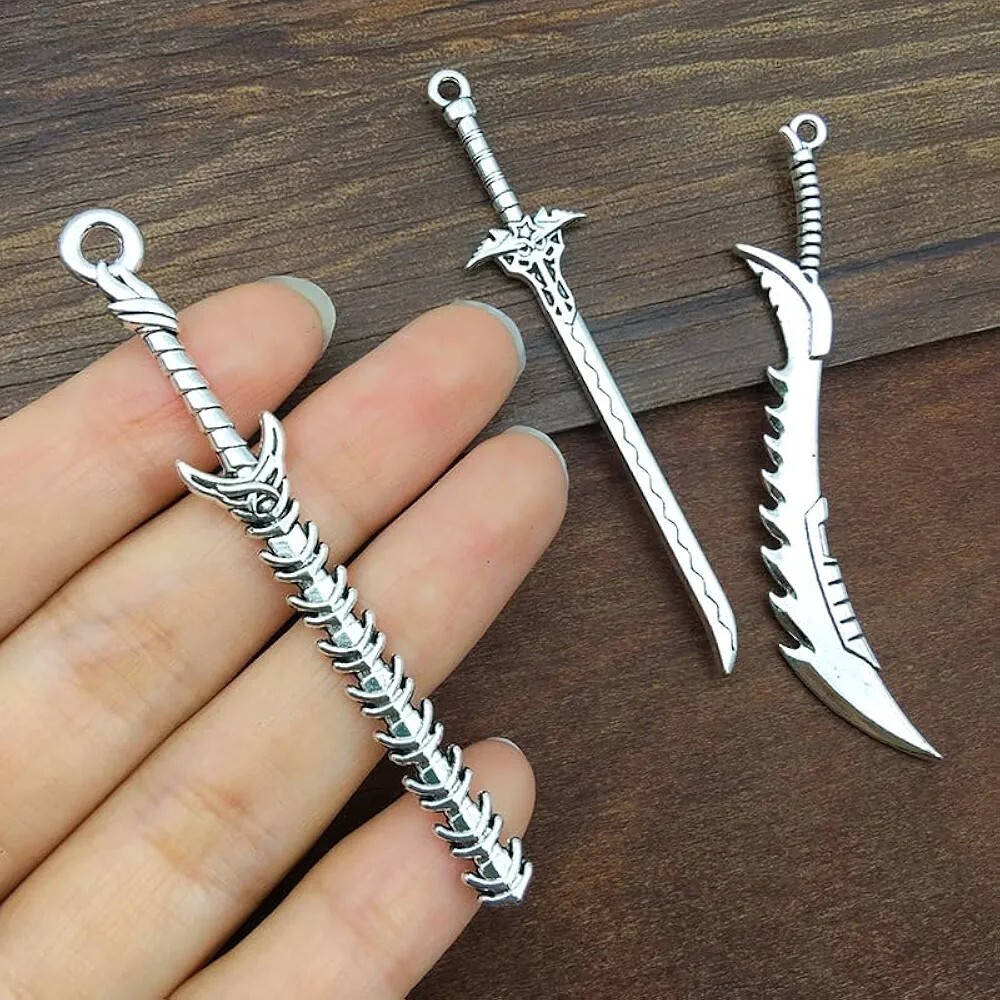4 Large Sword Pendants Antiqued Silver Medieval Finding 2 Sided Focal 2"-4" gallery