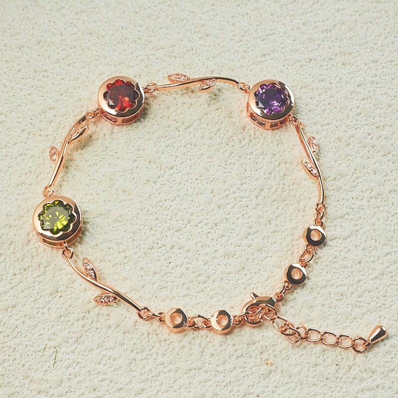Rose Gold Branch Leaf Multicolor CZ Link Bracelet For Women, Copper Plated Silve gallery