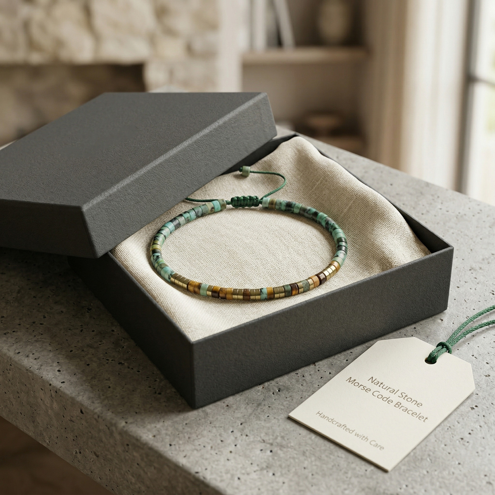 Natural Turquoise Tiger Eye Morse Code Bracelet One Day At A Time Daily Reminder gallery