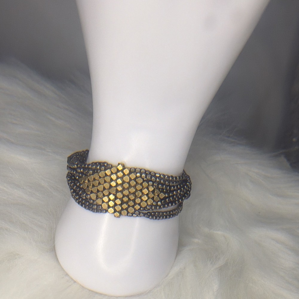 Black/Gold Multi-Strand Beaded Wrap Bracelet, Adjustable Loop Closure, No Stone