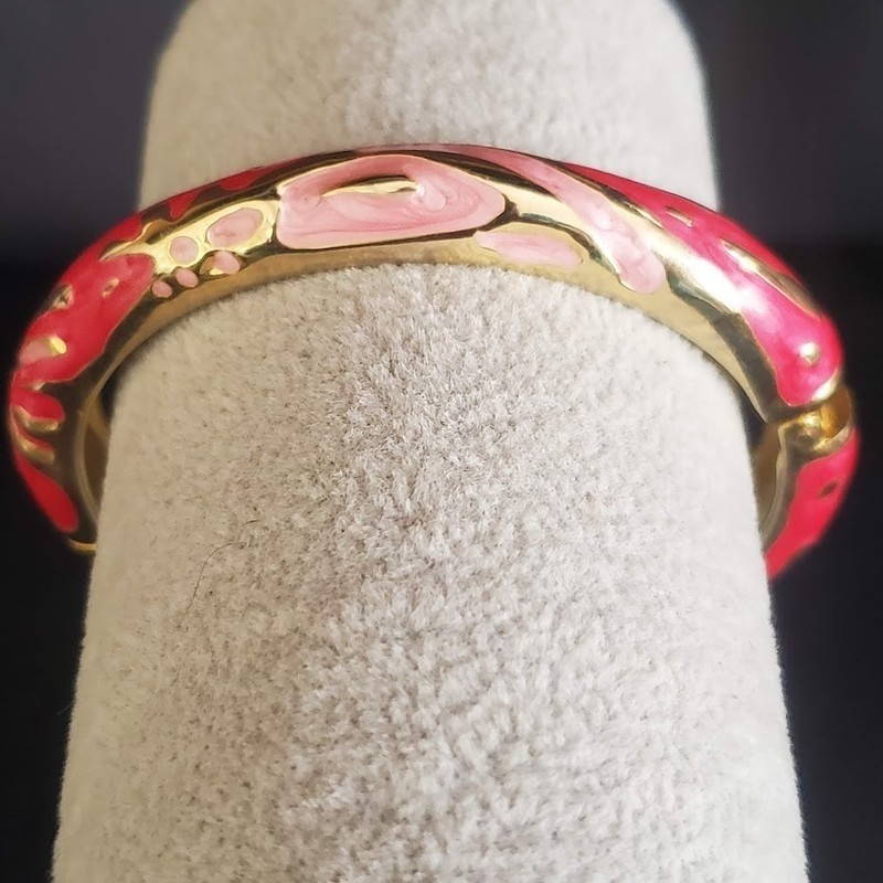 Vintage Pink and Red Enamel Gold Tone Hinged Bangle Bracelet Floral Abstract gallery