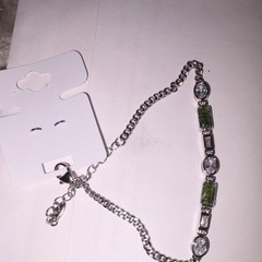 Silver Chain Tennis Bracelet with Green and Clear Rectangular Oval Stones