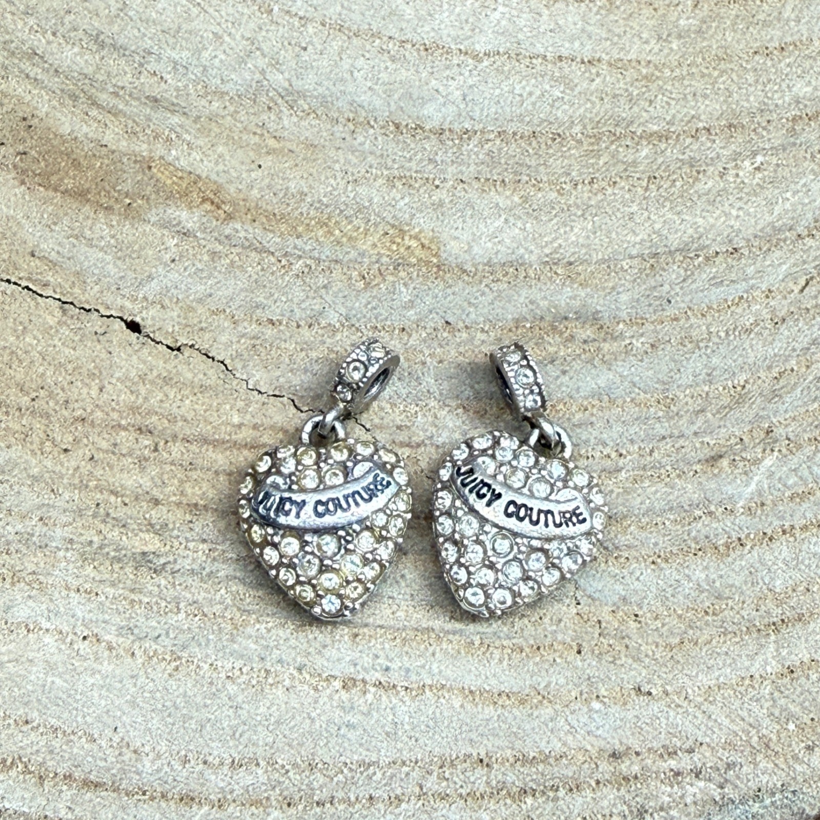 Juicy Couture Silver Tone Rhinestone Pave Heart Charms Pendants Set of 2 gallery