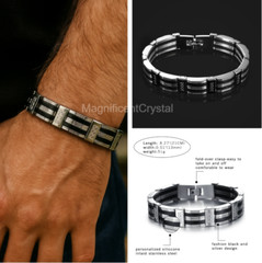 Black Silicone Silver Tone Link Men Stainless Steel Bangle Cross Bracelet
