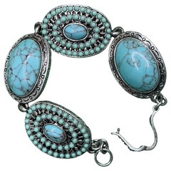 Vintage Southwestern Style Faux Turquoise Panel Link Bracelet Tribal Petroglyph
