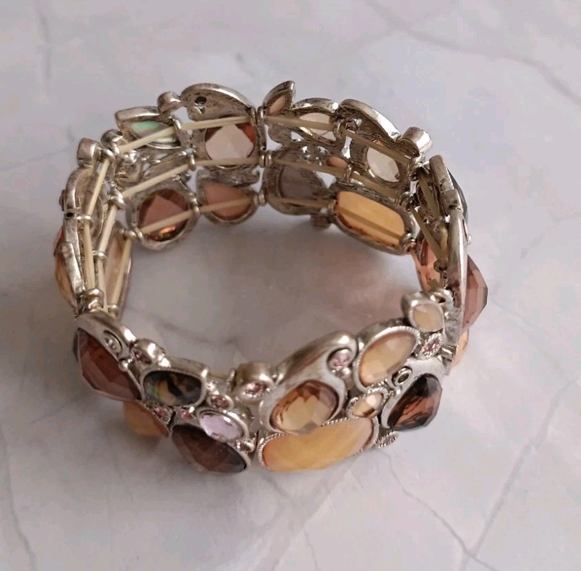 Silver Tone Stretchy Cuff Bangle Multi Colour/Shape Rhinestones VGC gallery