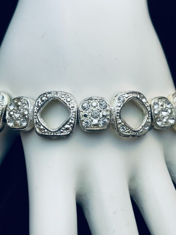 Clear Rhinestone Bracelet Silver Tone Stretch Art Deco Inspired Geometric Open gallery